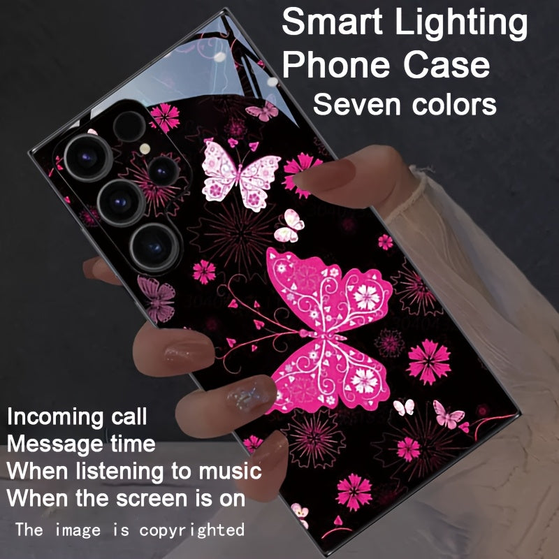 Butterfly Dancing with Flowers Colorful Smart Voice Controlled Luminous Phone Case Suitable for 16promax/15promax/14promax/13promax/12promax/11promax/XSmax/7G Smart Luminous Voice Controlled Phone Case - Luminous Technology,
